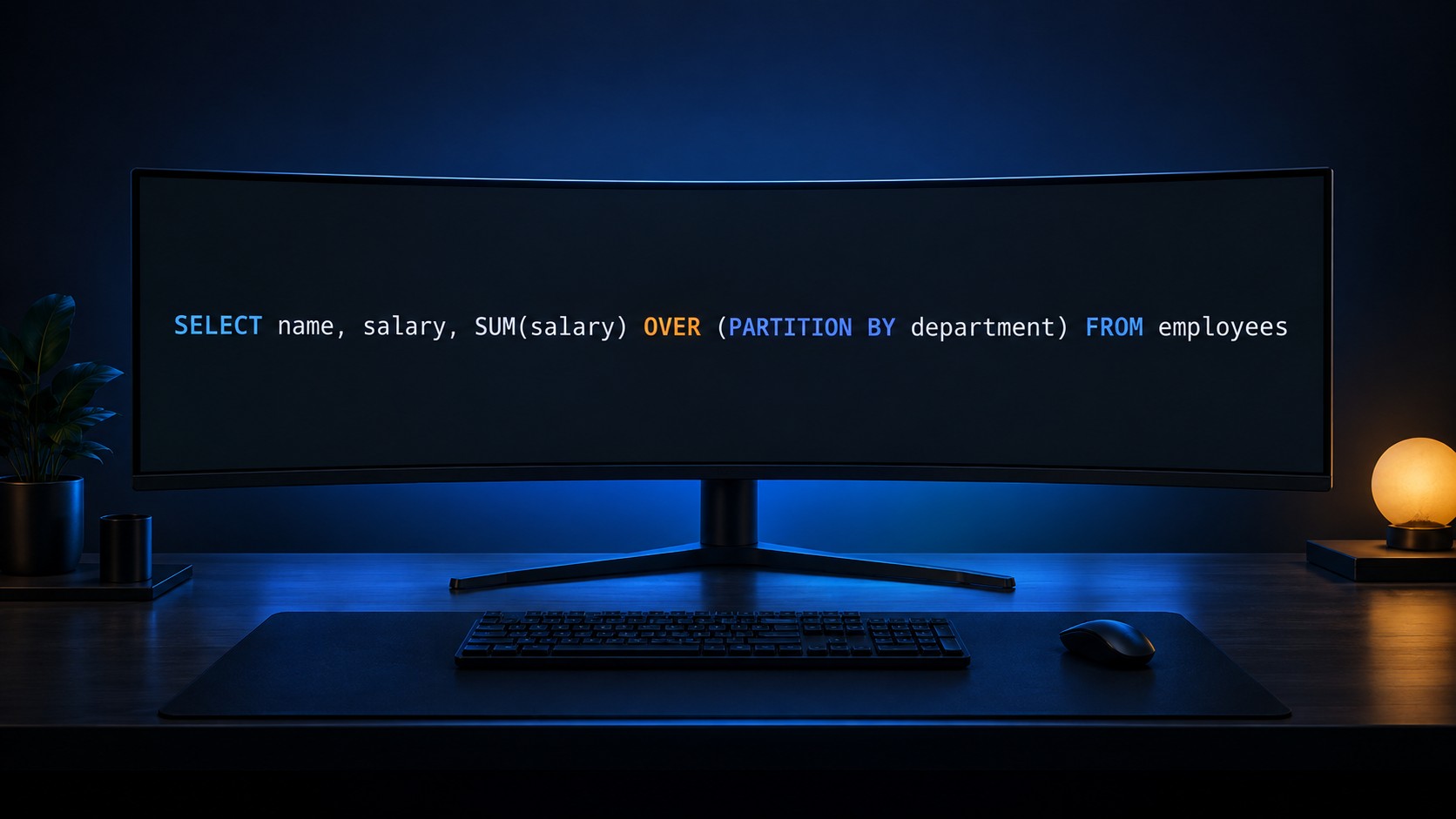 Редактор SQL с оконной функцией OVER на тёмном экране монитора