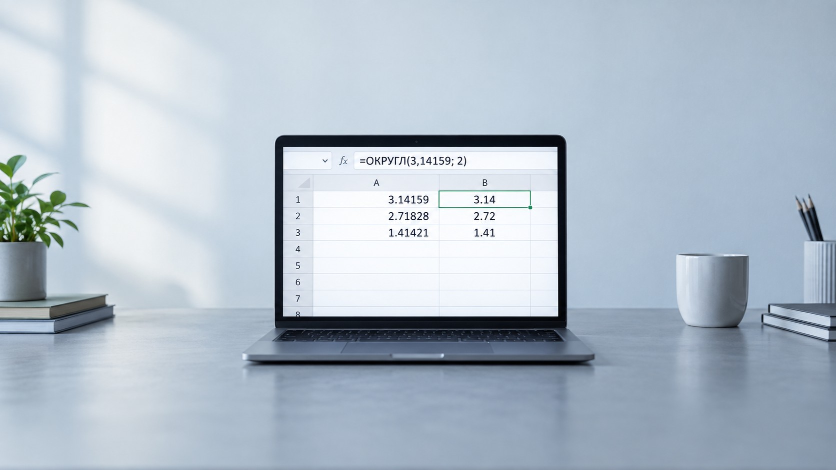 Экран ноутбука с таблицей Excel и формулами округления чисел