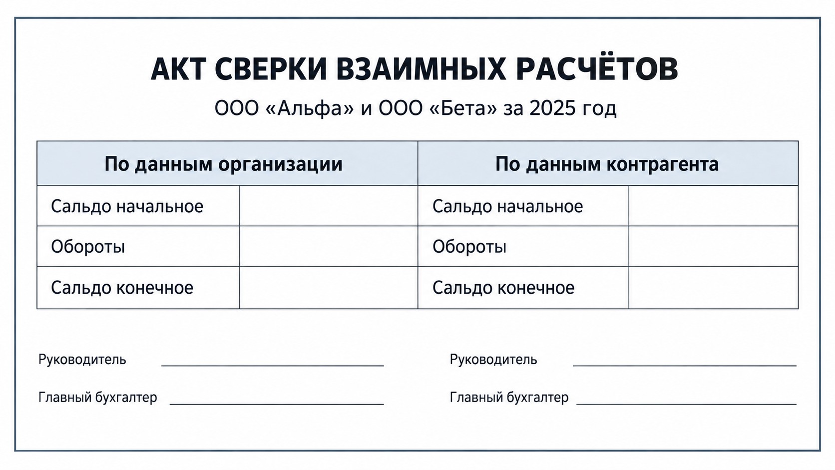 Печатная форма акта сверки взаимных расчётов из 1С