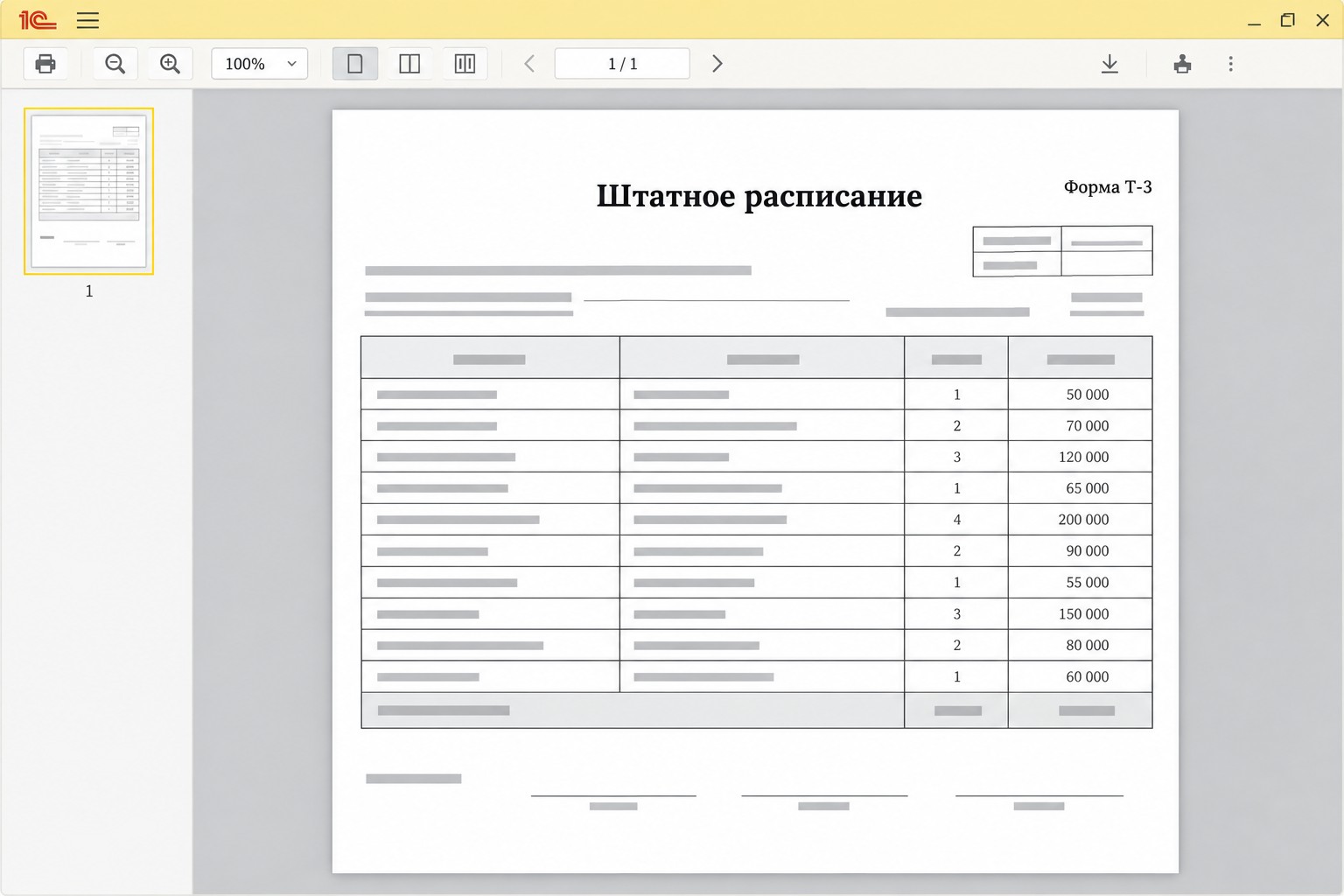 Печатная форма Т-3 штатного расписания из 1С с таблицей должностей и окладов