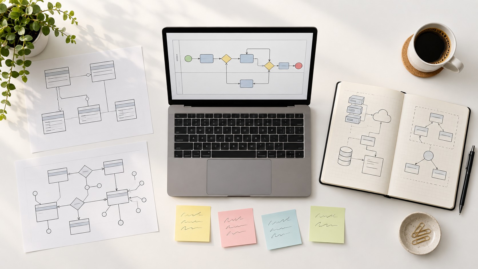 Рабочий стол системного аналитика с BPMN-схемами и артефактами портфолио