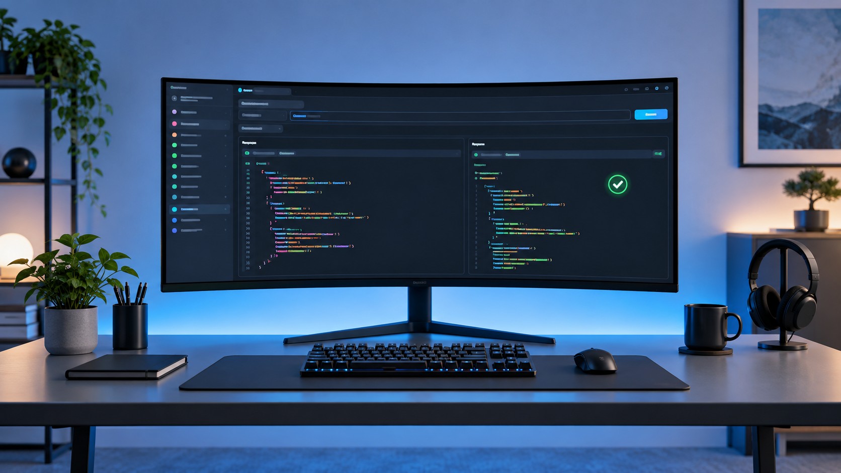 Рабочее место тестировщика с Postman и JSON-ответом на мониторе