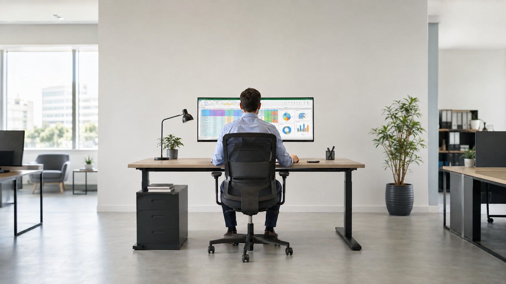 Специалист изучает продвинутый Excel с дашбордами на экране монитора