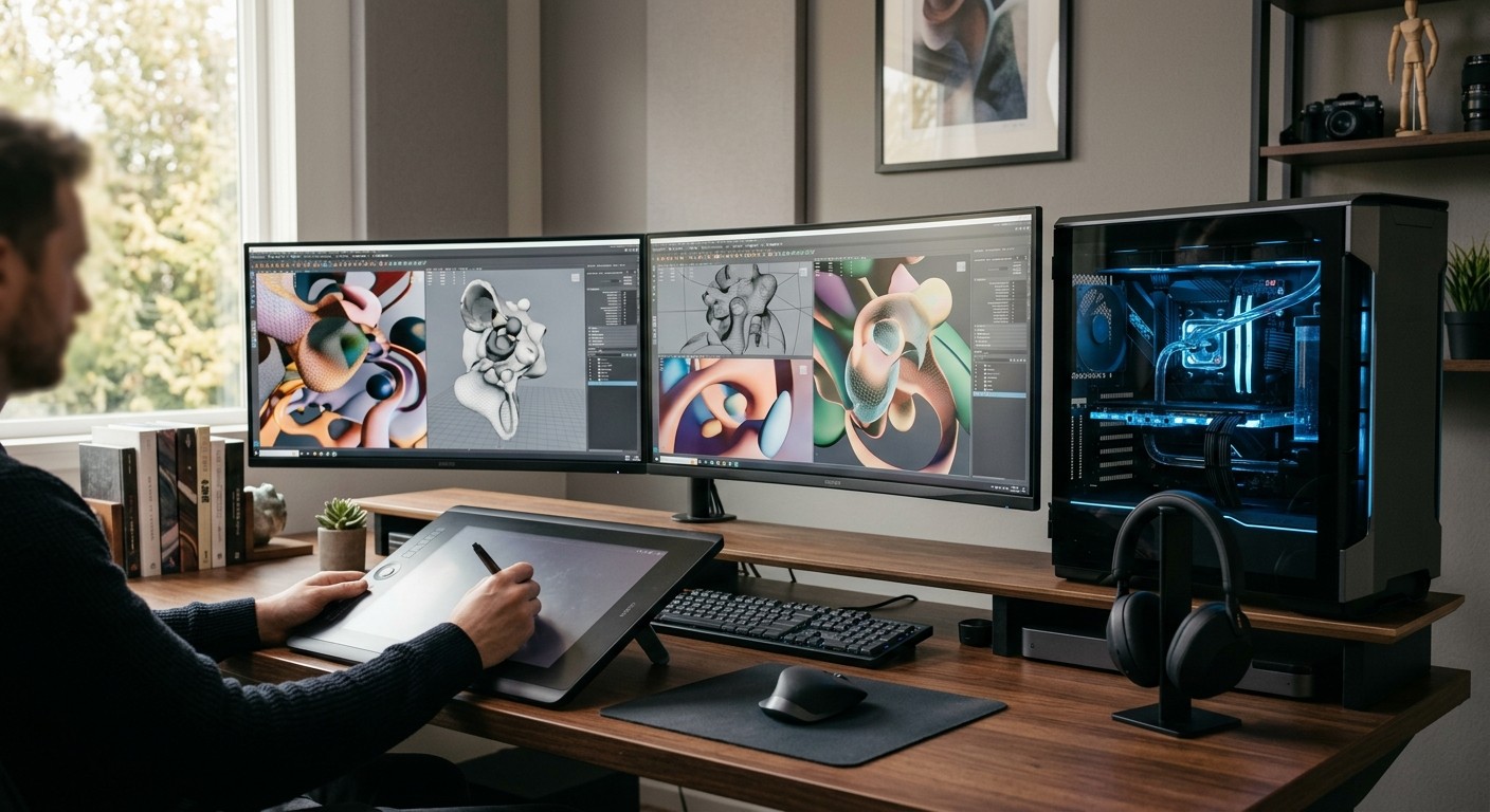 Рабочее место с мощным ПК для профессионального 3D-моделирования