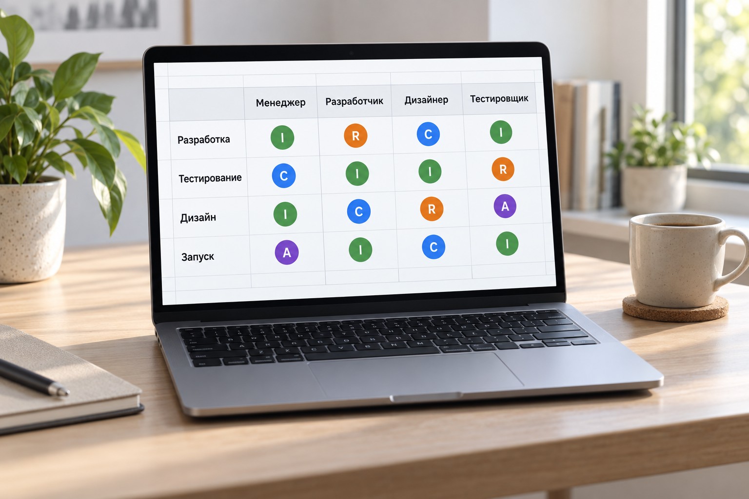 Шаблон матрицы RACI в Google Sheets на экране ноутбука