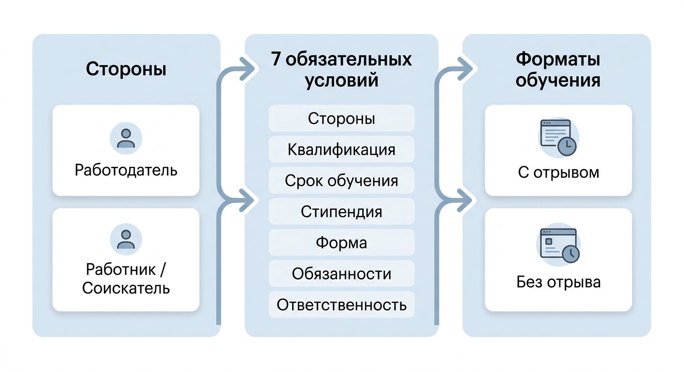 Схема состава ученического договора: стороны, условия и форматы обучения