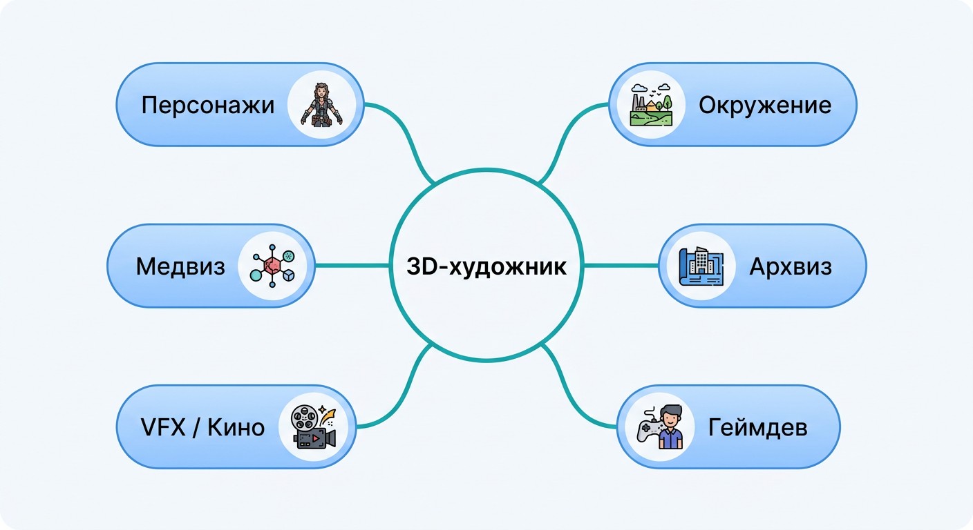 Карта специализаций 3D-художника по шести направлениям