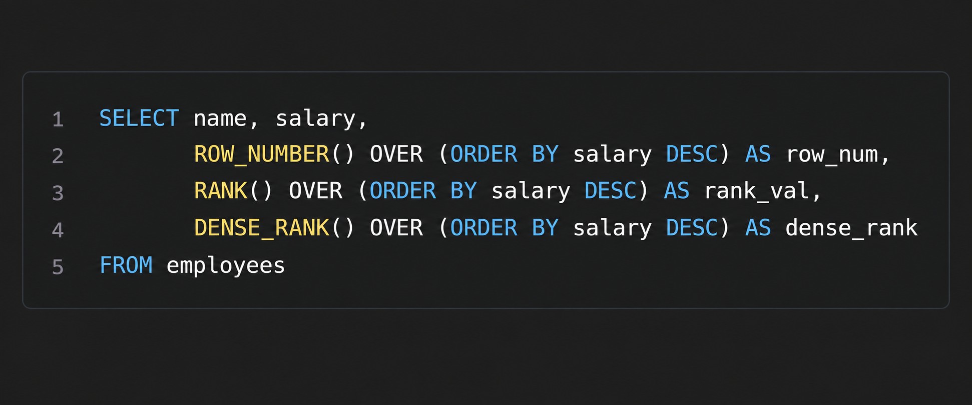 SQL-код с ранжирующими оконными функциями ROW_NUMBER, RANK и DENSE_RANK
