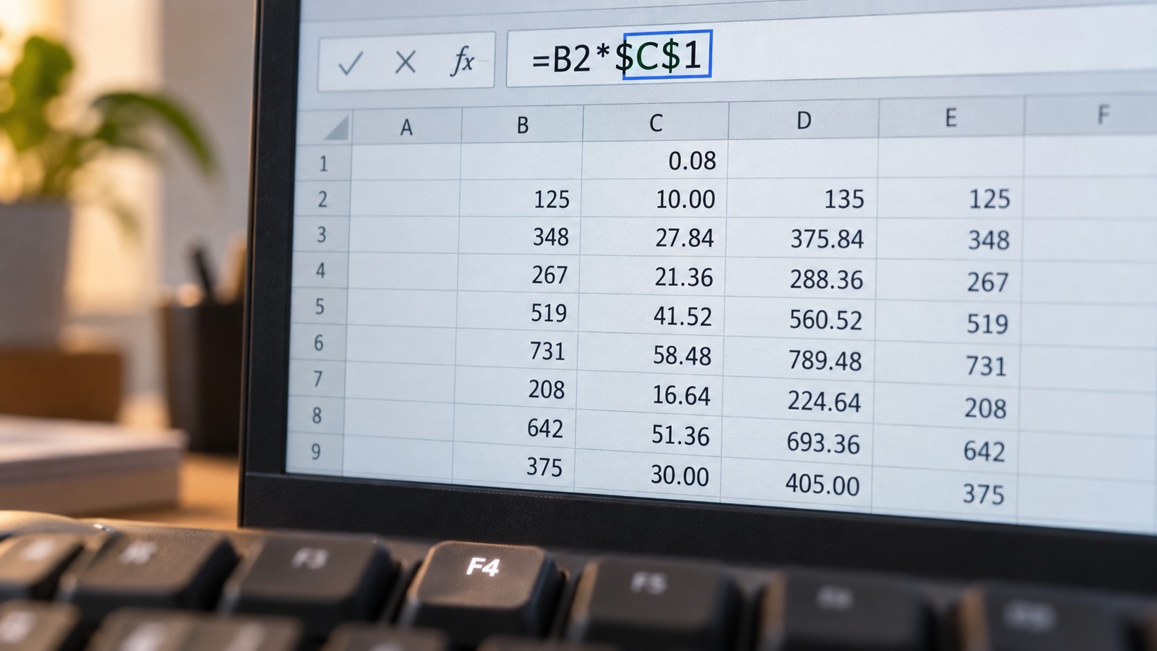 Выделенная ссылка в строке формул Excel перед нажатием клавиши F4