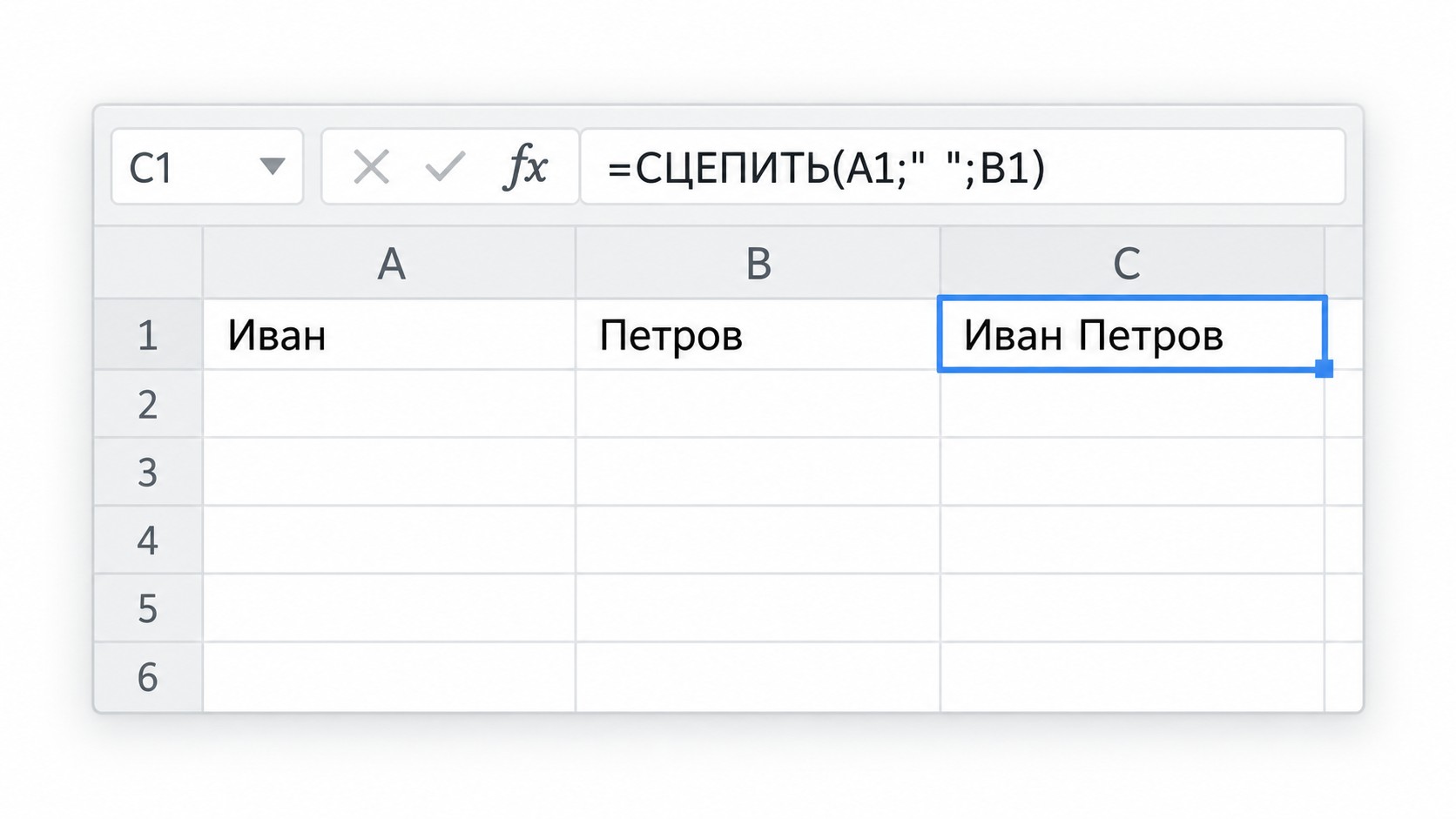 Формула СЦЕПИТЬ объединяет имя и фамилию из ячеек A1 и B1 в Excel