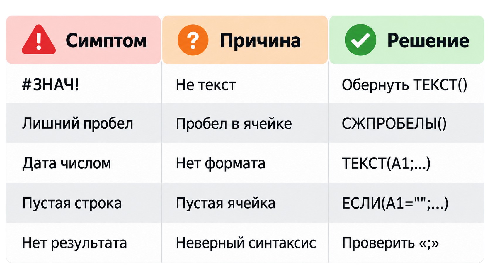 Инфографика ошибок функции СЦЕПИТЬ в Excel: симптом, причина и решение