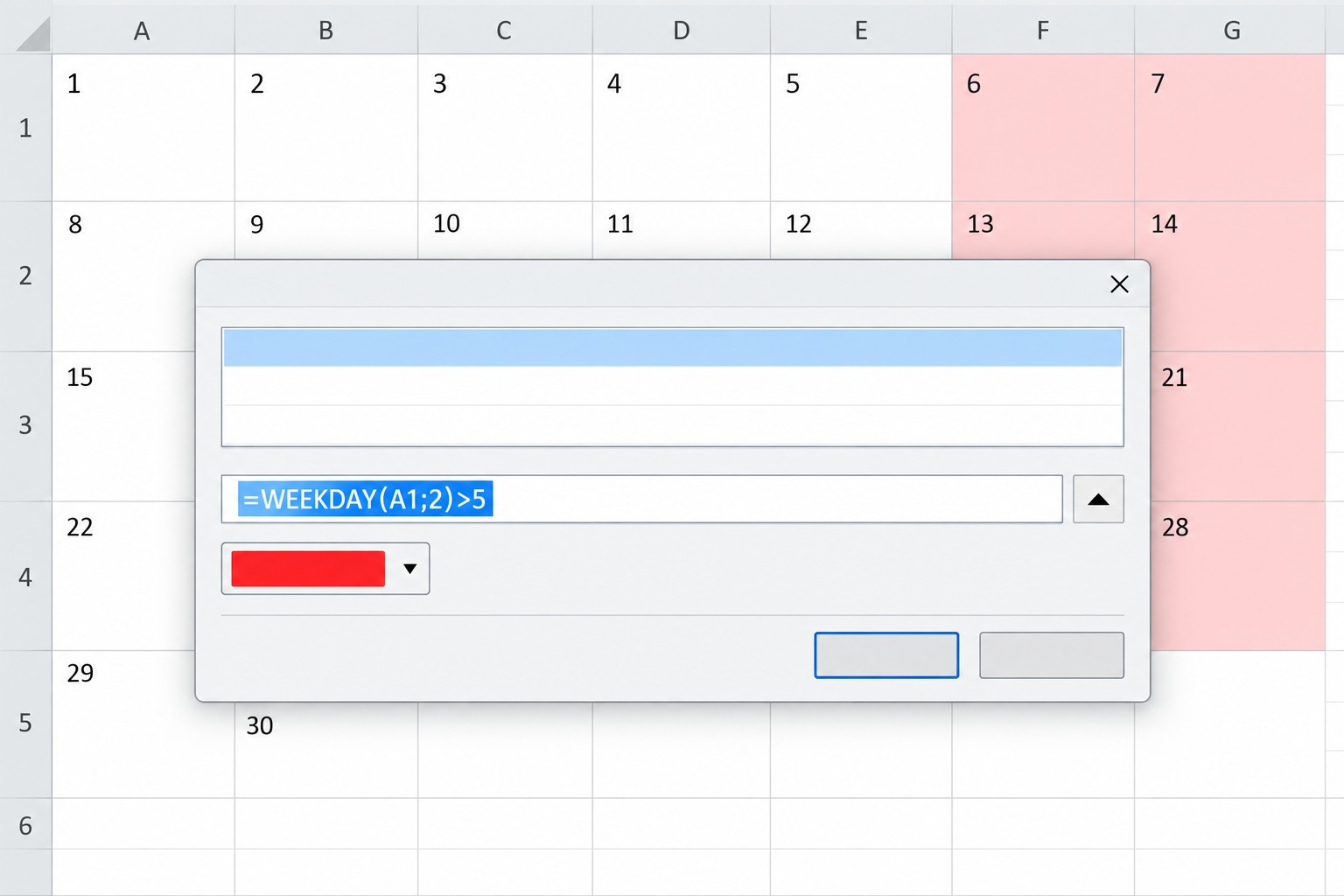Диалог условного форматирования Excel с формулой WEEKDAY для выходных