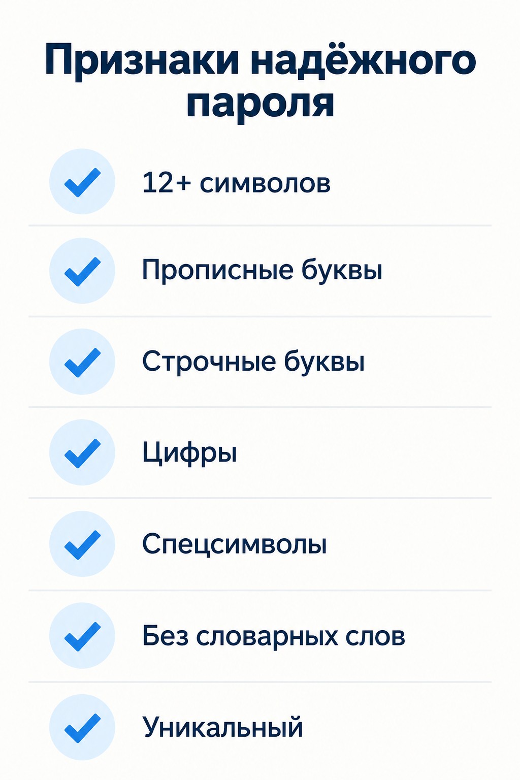 Инфографика: чек-лист девяти признаков надёжного пароля с иконками
