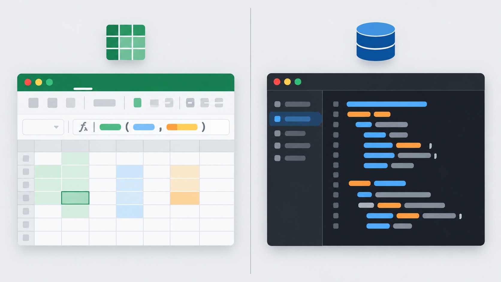 Сравнение Excel-формулы и SQL-запроса на двух панелях