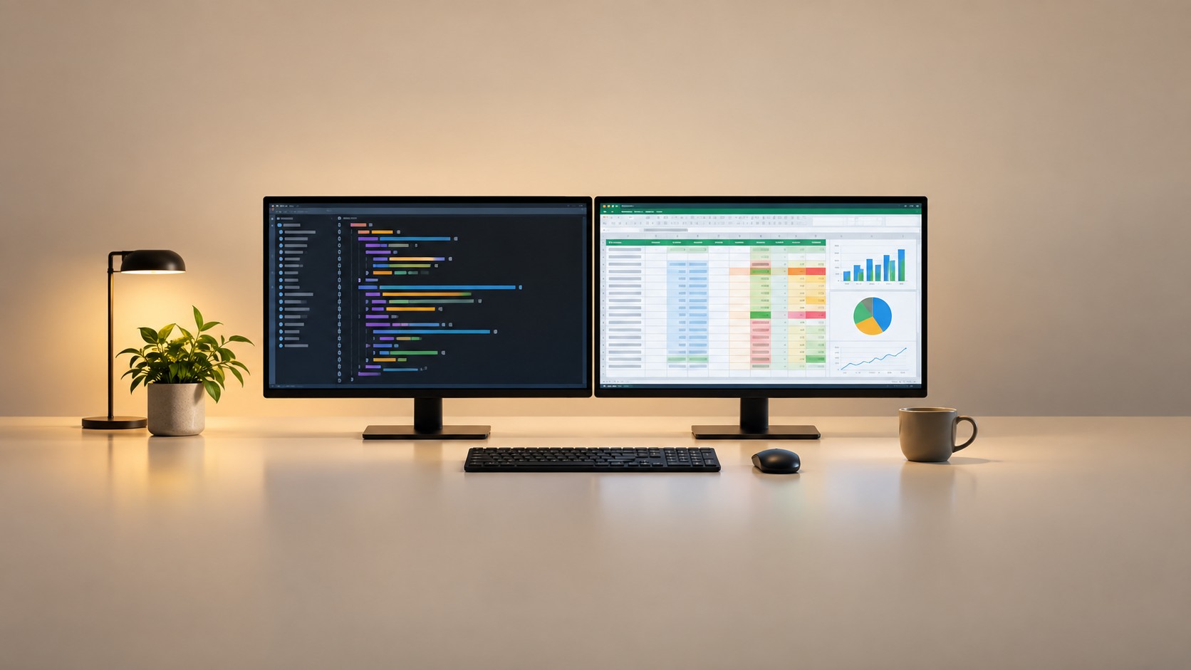 Рабочий стол аналитика: монитор с SQL-кодом и таблица Excel рядом