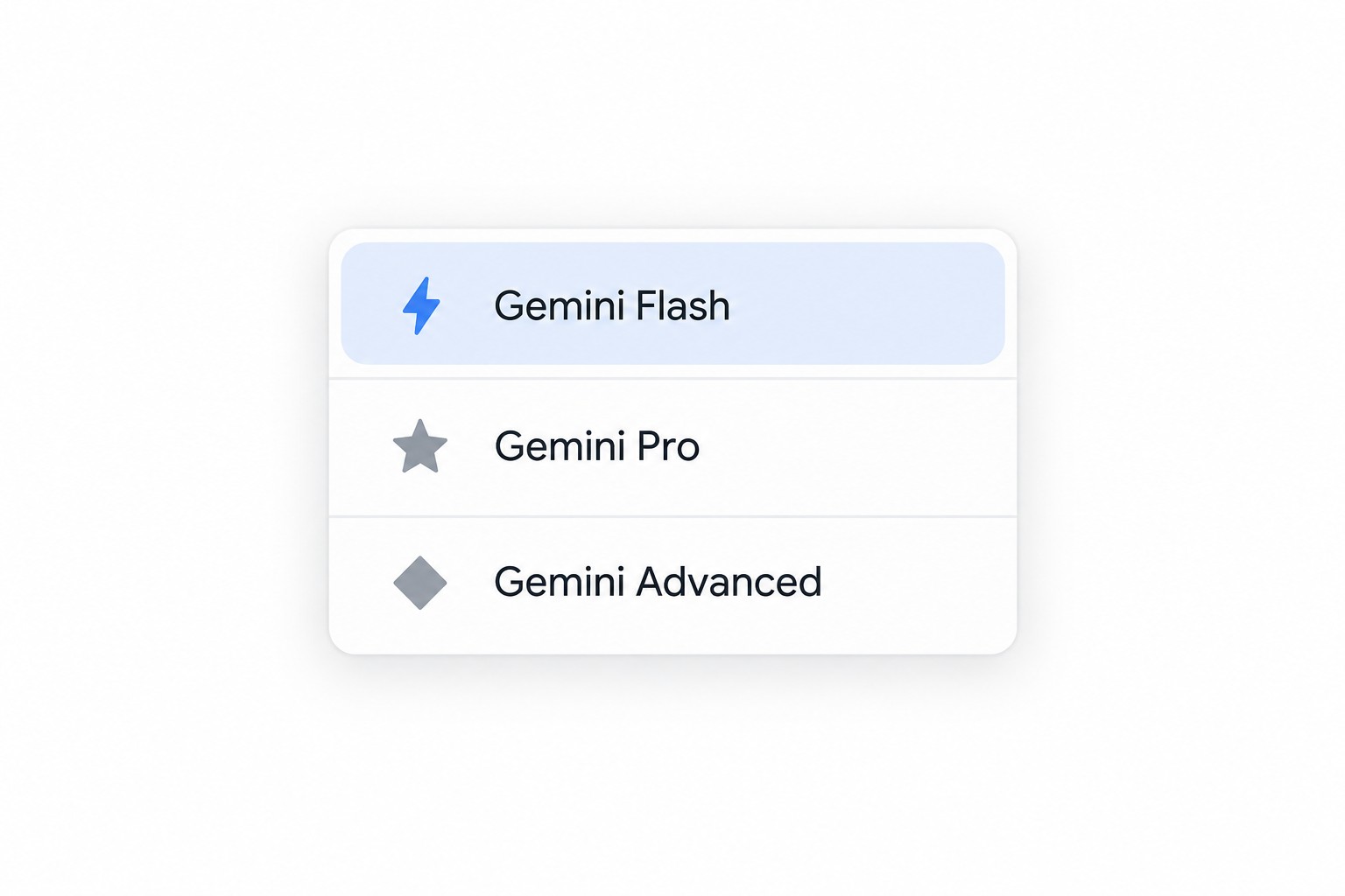 Меню выбора модели нейросети Gemini — Flash, Pro, Advanced